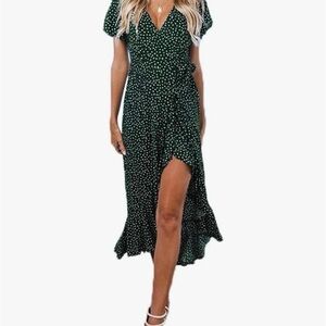 Polka Dot Wrap Midi Dress - Green